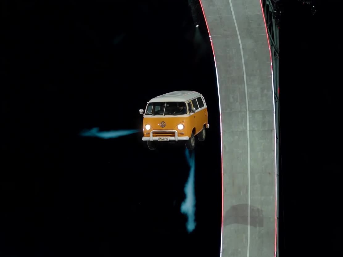 Orange camper van hovering beside a curved ramp in a flying car AI video